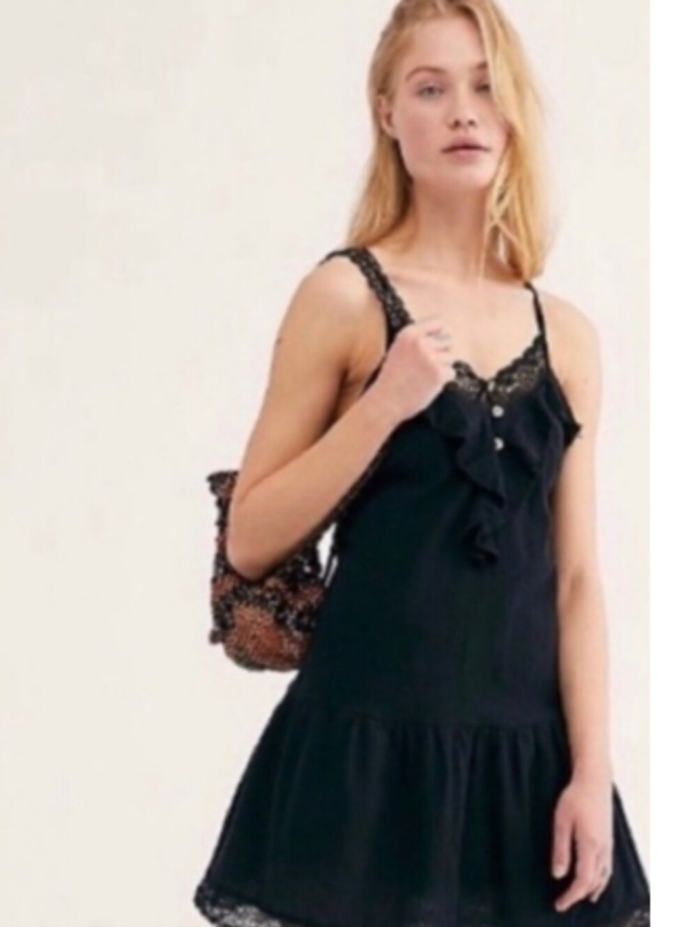FREE PEOPLE Frill Seeker Black Lace-Trim Detail Ruffle Drop Waist Dress L